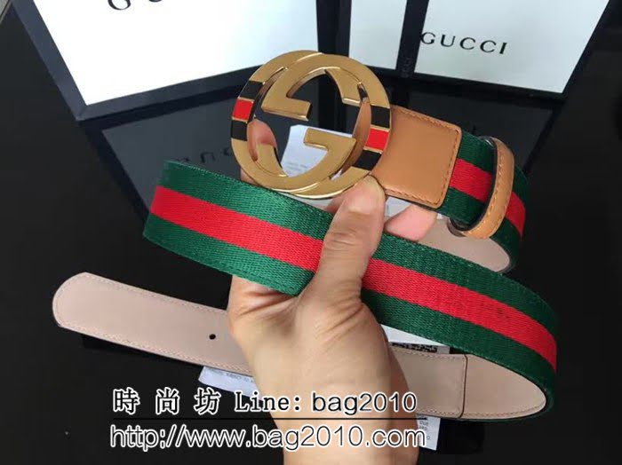 古馳CUCCI 紅綠織布頭層牛皮接頭尾 配純銅扣 百搭休閒款男士皮帶 GHG1183